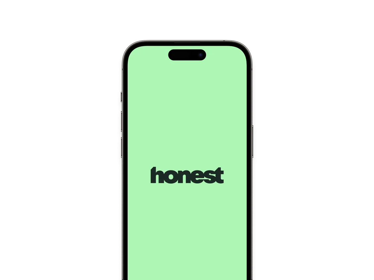Honest splash screen, dark wordmark on bright green iPhone display