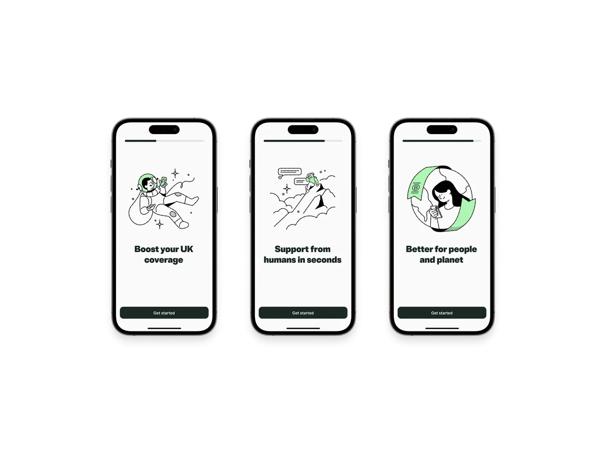 Three onboarding screens promoting UK coverage, fast support and sustainability