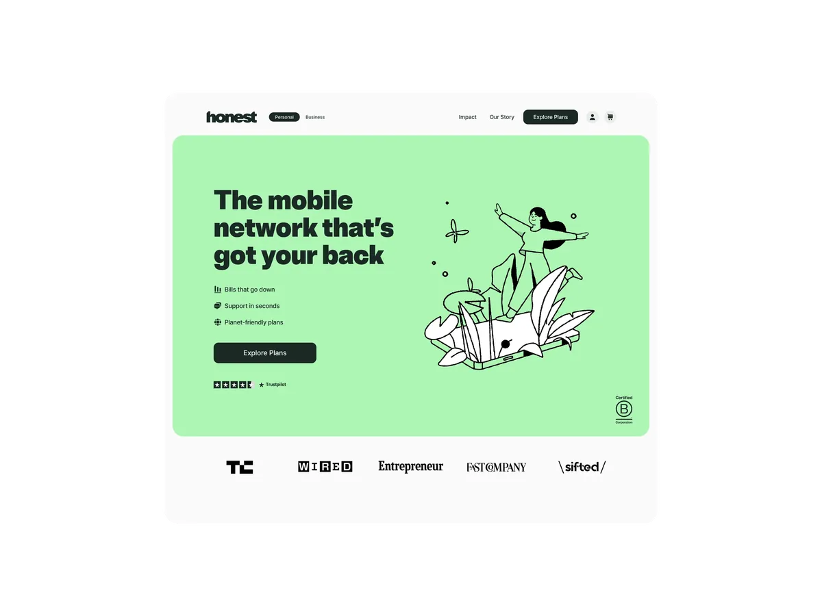 Marketing site hero, The mobile network that's got your back, with press logos