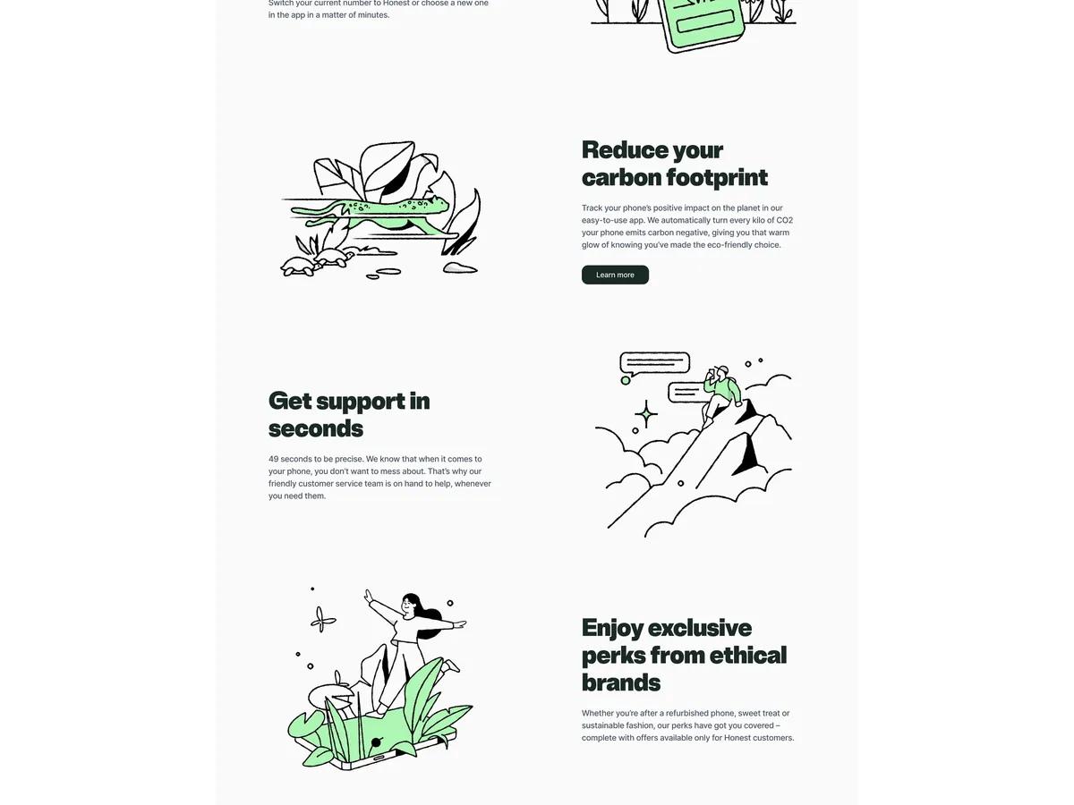 Website feature sections on carbon footprint, speedy support and ethical perks
