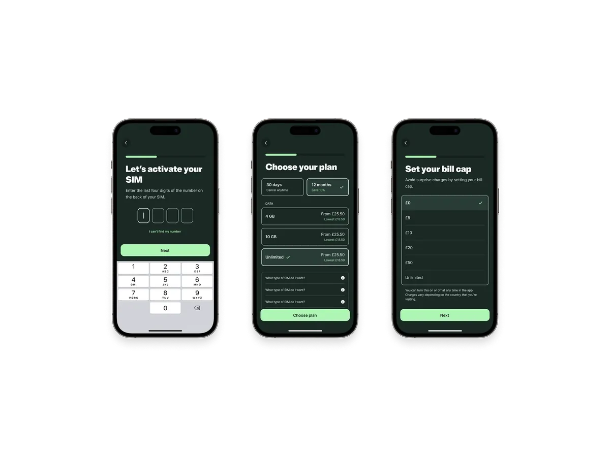 Dark-themed SIM activation, plan picker and bill cap screens