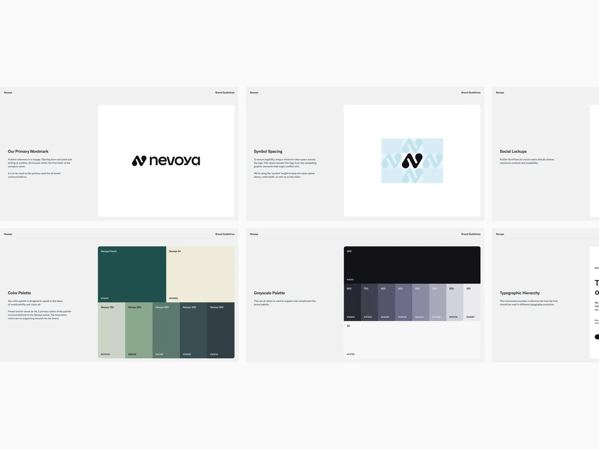 Brand guideline pages covering wordmark, symbol spacing, colour palettes and typography