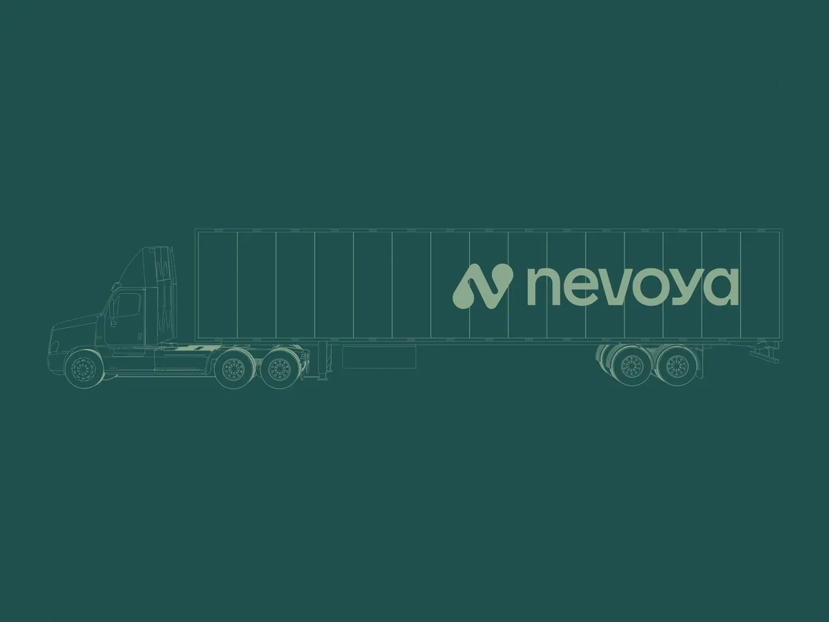 Technical line drawing of an articulated lorry carrying Nevoya trailer livery